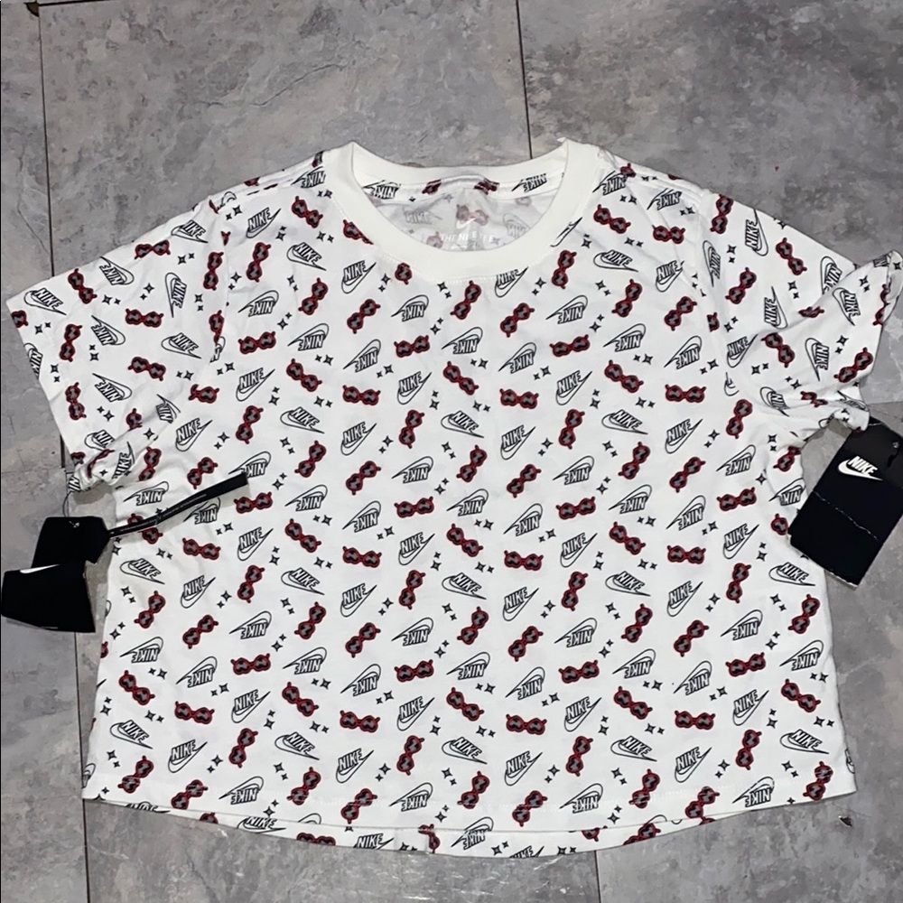 Nike White Short Sleeve crop Tee with Sneaker Print big girls large L 7y 8y